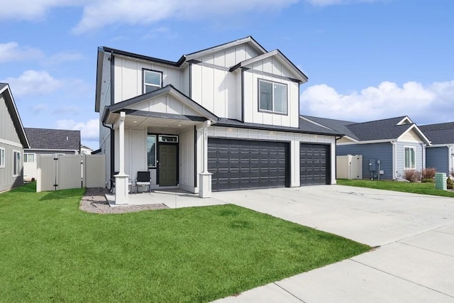 modern inspired farmhouse featuring driveway, an attached garage, a gate, board and batten siding, and a front yard