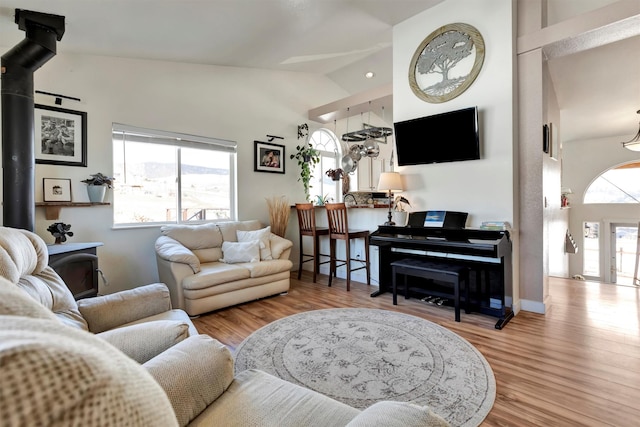 living area featuring high vaulted ceiling, a wood stove, baseboards, and wood finished floors