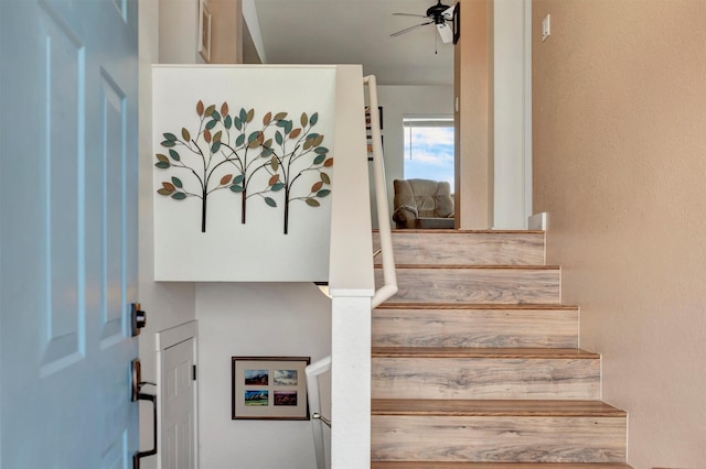 staircase featuring ceiling fan