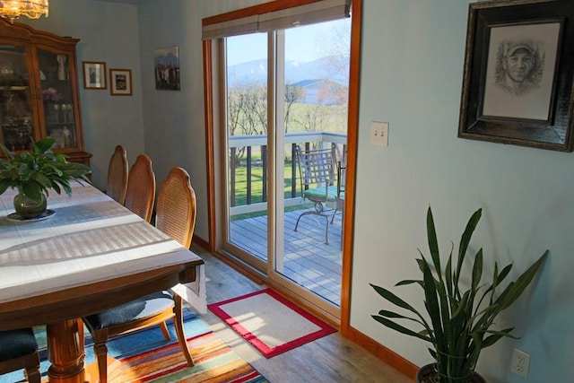 dining space featuring baseboards, wood finished floors, a wealth of natural light, and an inviting chandelier