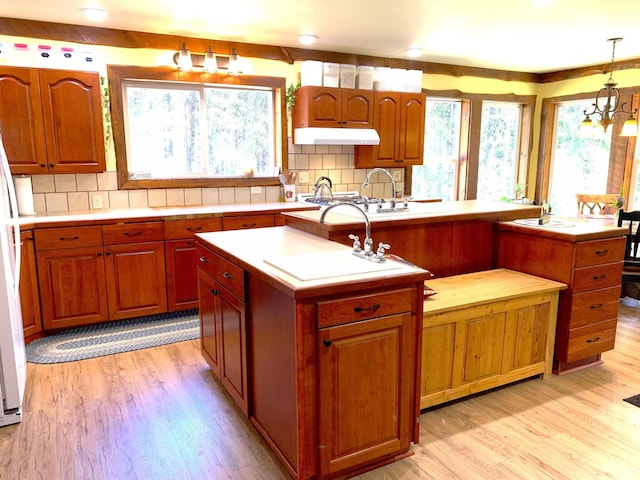 kitchen featuring light wood-type flooring, light countertops, under cabinet range hood, and decorative backsplash