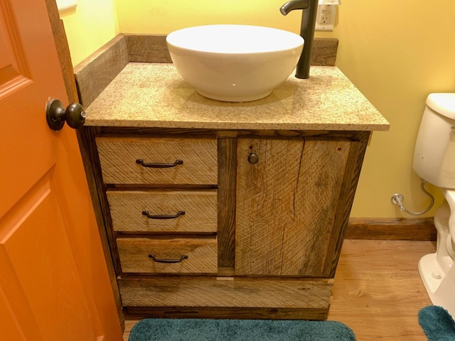 details featuring toilet, wood finished floors, and vanity