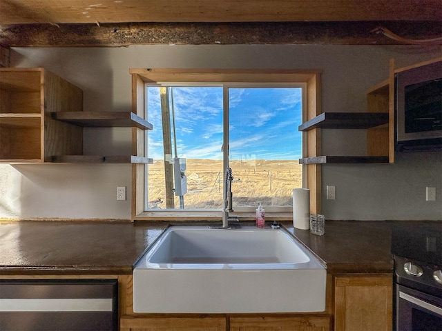 kitchen with dishwashing machine, plenty of natural light, stainless steel electric stove, and open shelves