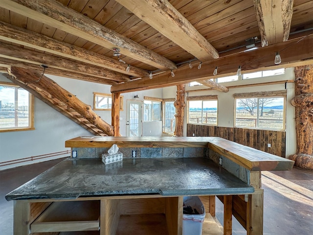 kitchen featuring wooden ceiling, a healthy amount of sunlight, beamed ceiling, and wooden walls