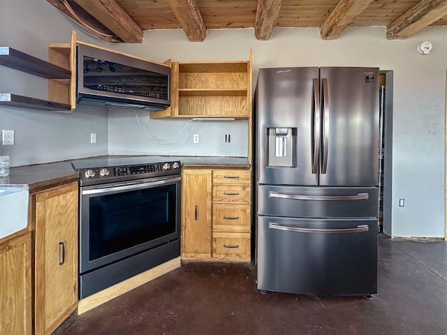 kitchen with wooden ceiling, beamed ceiling, stainless steel appliances, concrete flooring, and open shelves