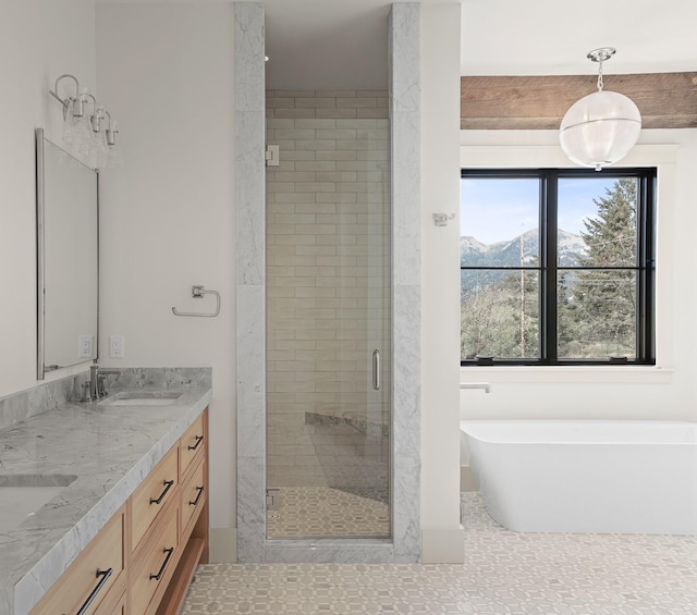 bathroom featuring a stall shower, a freestanding tub, a sink, and double vanity