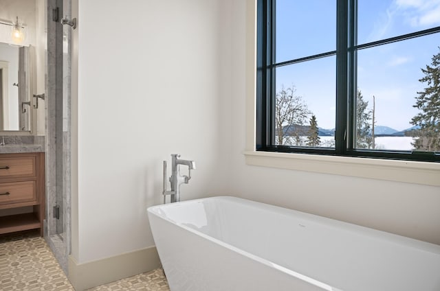 full bath with baseboards, a freestanding bath, vanity, and a shower stall