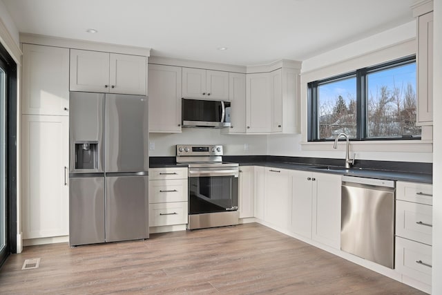 kitchen with a sink, visible vents, appliances with stainless steel finishes, light wood-type flooring, and dark countertops