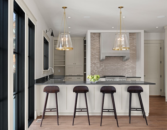 kitchen featuring light wood finished floors, tasteful backsplash, dark countertops, open shelves, and a sink