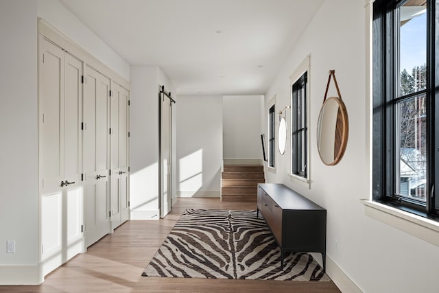 hallway featuring baseboards, a barn door, and light wood-style floors