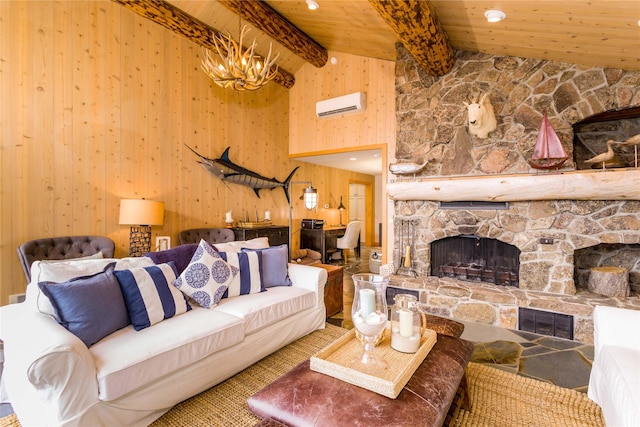 living area with visible vents, wood ceiling, a wall unit AC, and a stone fireplace