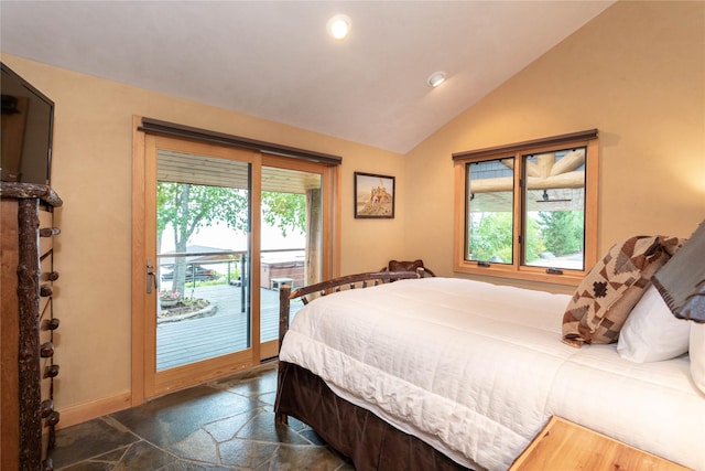 bedroom featuring recessed lighting, baseboards, vaulted ceiling, access to exterior, and stone tile flooring