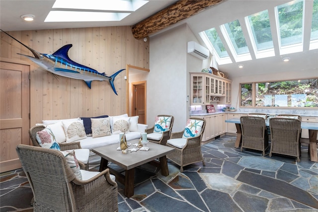 view of patio / terrace with outdoor dining space, an AC wall unit, and outdoor lounge area