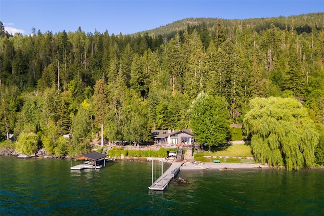 birds eye view of property featuring a water view and a forest view