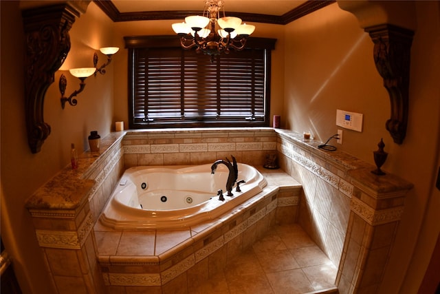 bathroom with a chandelier, crown molding, a jetted tub, and tile patterned floors