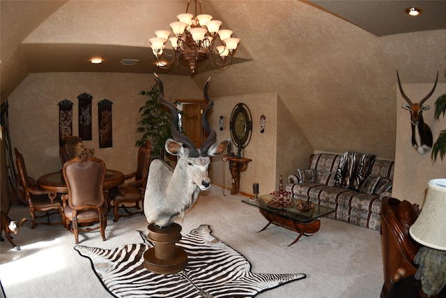 living area with lofted ceiling, carpet, and a chandelier