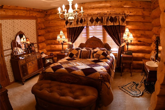 bedroom featuring rustic walls, a chandelier, and light colored carpet