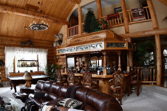 carpeted living room with high vaulted ceiling, wooden ceiling, pool table, and rustic walls