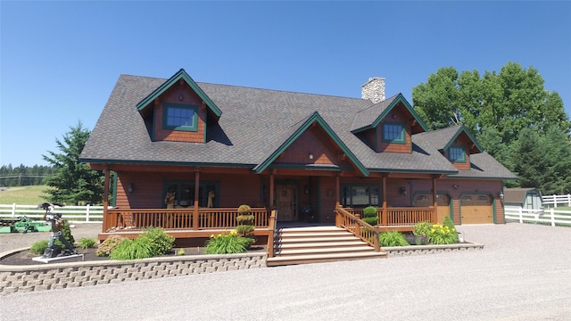 view of front facade featuring aphalt driveway, a chimney, covered porch, fence, and a garage