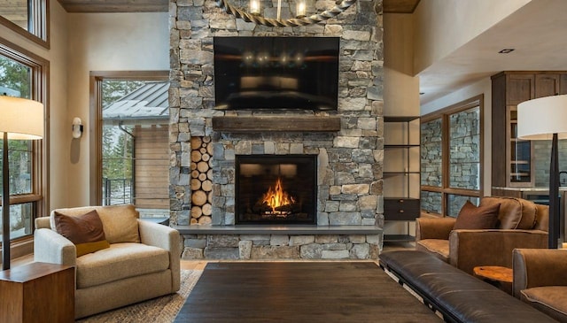 interior space with a stone fireplace and wood finished floors