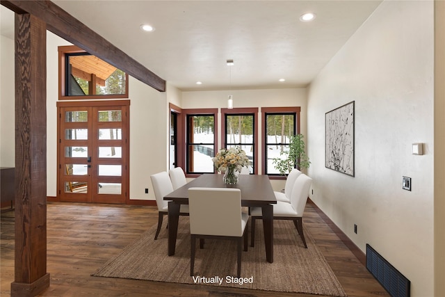 dining space featuring recessed lighting, wood finished floors, visible vents, baseboards, and french doors