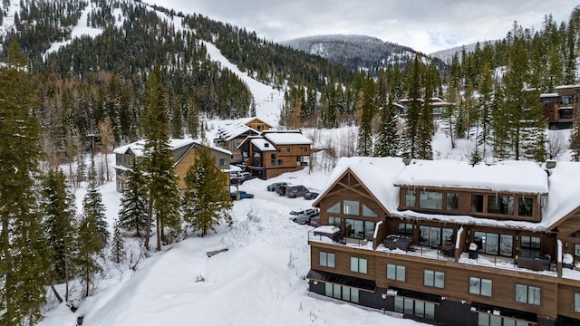 snowy aerial view featuring a mountain view and a view of trees