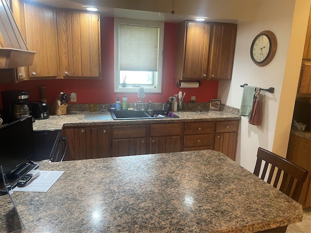 kitchen featuring brown cabinets, electric range, ventilation hood, and a sink