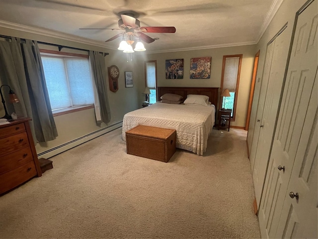 bedroom featuring light carpet, ceiling fan, ornamental molding, and baseboard heating