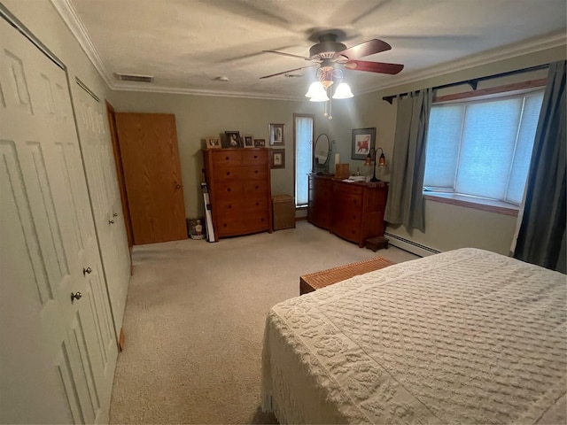 bedroom featuring light colored carpet, crown molding, baseboard heating, and ceiling fan