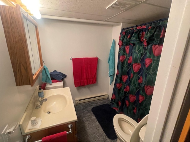 bathroom featuring a baseboard radiator, visible vents, a shower with shower curtain, toilet, and vanity