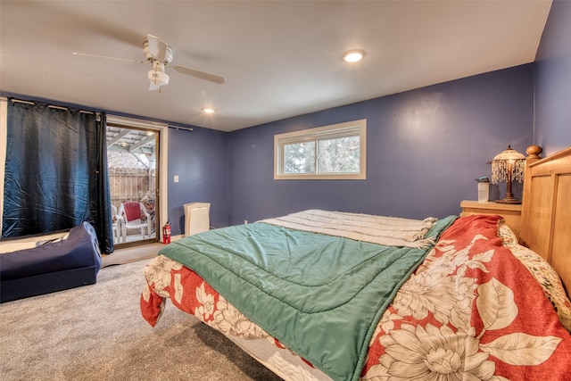 bedroom featuring carpet floors, access to exterior, ceiling fan, and recessed lighting