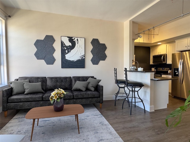 living area featuring rail lighting, plenty of natural light, baseboards, and dark wood-type flooring