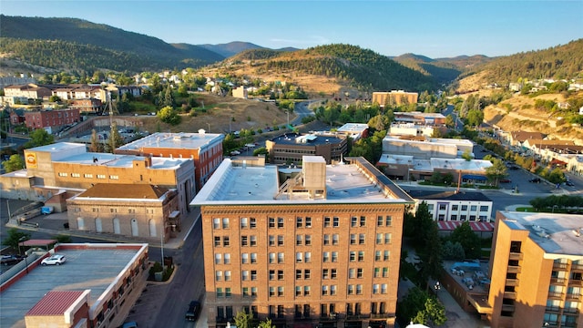 drone / aerial view featuring a mountain view