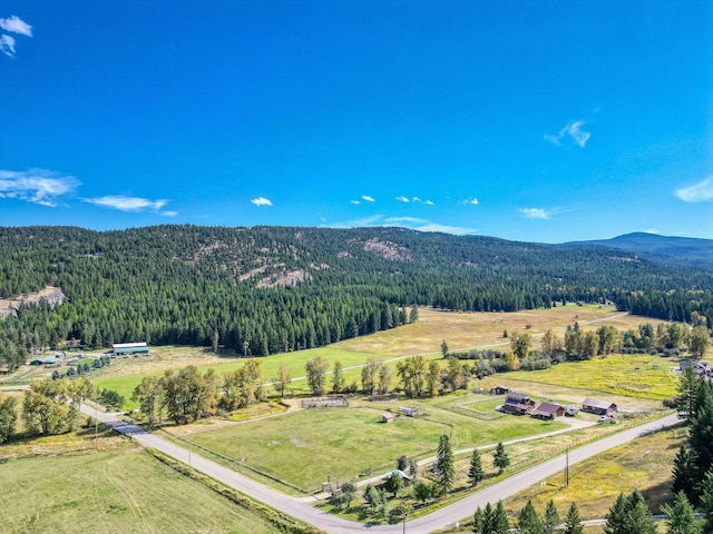 aerial view with a forest view, a mountain view, and a rural view