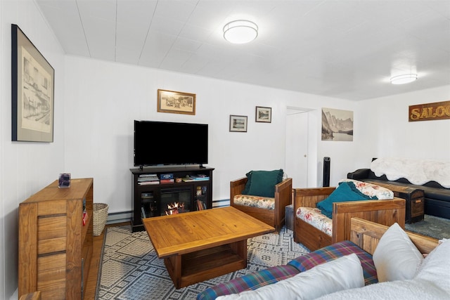 living room with a baseboard heating unit and a glass covered fireplace