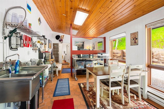 kitchen with wood ceiling, a sink, and tile patterned floors