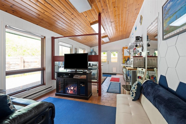 tiled living area featuring lofted ceiling, a baseboard radiator, a glass covered fireplace, and wooden ceiling