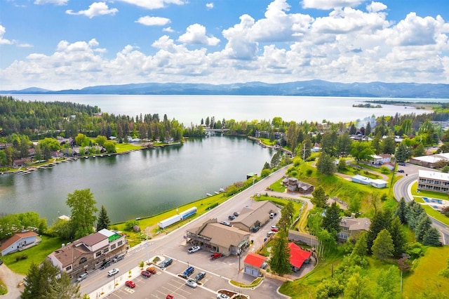 drone / aerial view featuring a water and mountain view