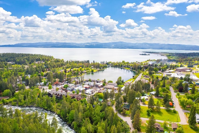 aerial view featuring a water and mountain view