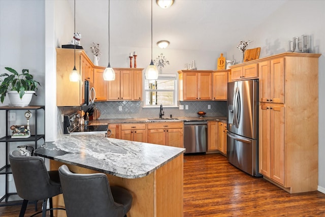 kitchen featuring tasteful backsplash, dark wood-type flooring, a peninsula, stainless steel appliances, and a sink