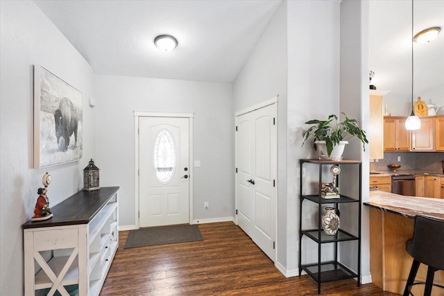 foyer entrance with baseboards and dark wood-type flooring