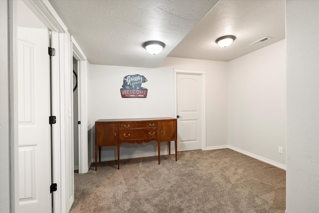 bedroom featuring carpet, visible vents, a textured ceiling, and baseboards