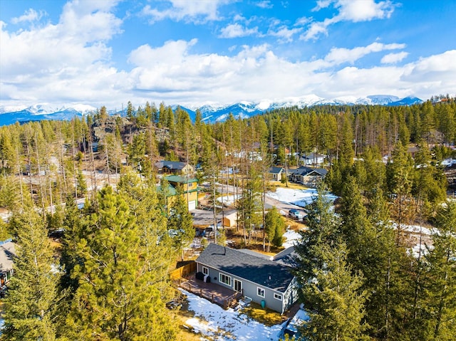 aerial view with a mountain view and a wooded view