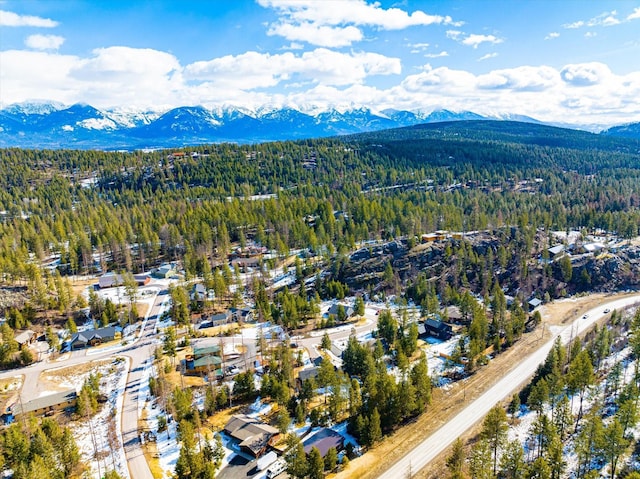 birds eye view of property with a mountain view and a wooded view