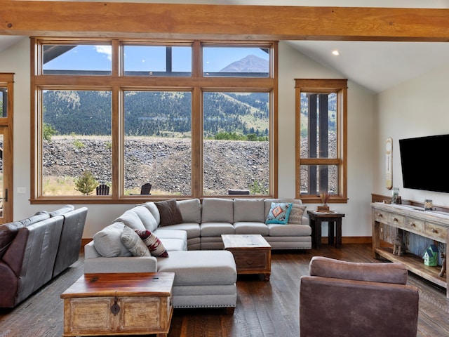 living room with dark wood-type flooring, lofted ceiling, plenty of natural light, and baseboards