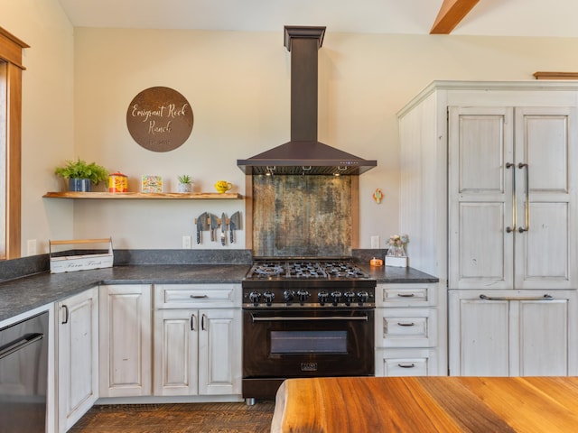 kitchen with open shelves, extractor fan, high end stove, and white cabinets