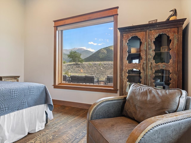 bedroom with wood finished floors, a mountain view, and baseboards