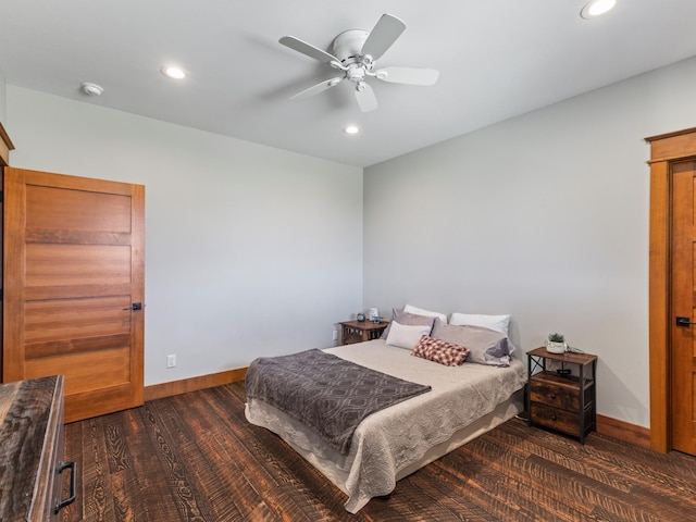 bedroom with ceiling fan, baseboards, wood finished floors, and recessed lighting