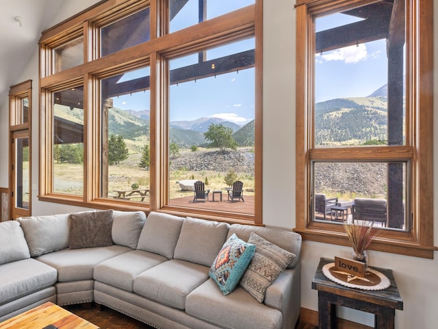 living area with a mountain view