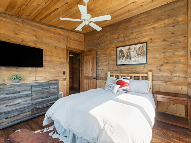 bedroom featuring wooden ceiling, ceiling fan, wood walls, and wood finished floors